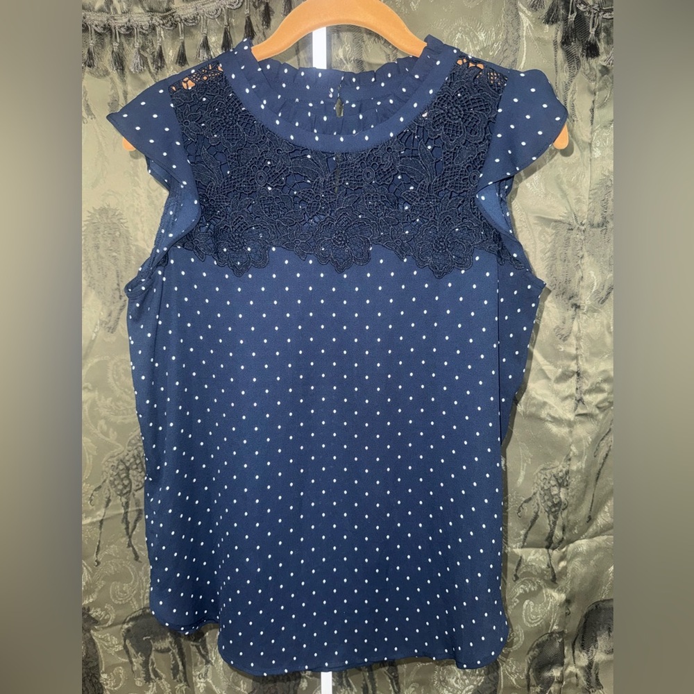LOFT Navy Blue Polka Dot Sleeveless Blouse